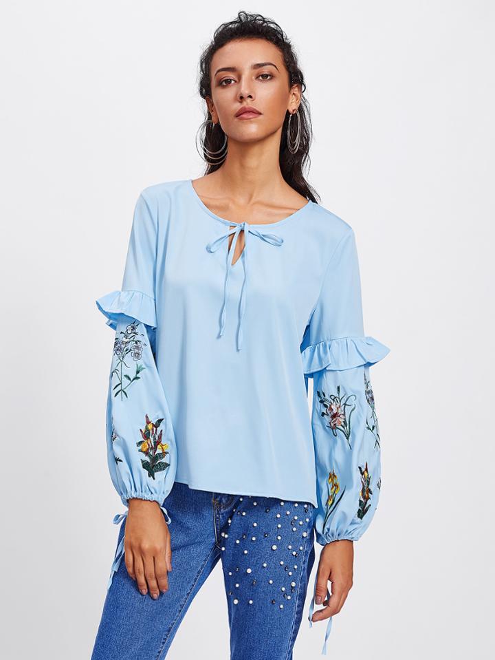 Shein Botanical Embroidered Frilled Lantern Sleeve Top