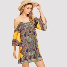 Shein Tribal Print Cold Shoulder Dress