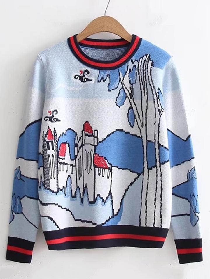 Shein Cartoon Painting Striped Trim Jumper Sweater