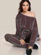 Shein Knot Front Exaggerate Sleeve Velvet Sweatshirt