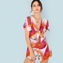 Shein Knot Cutout Tropical Print Jumpsuit