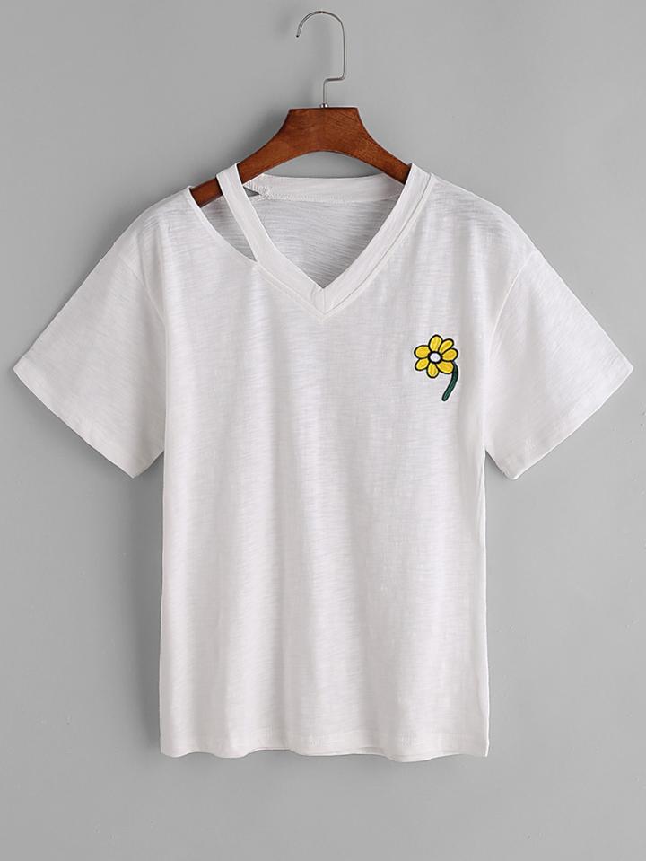 Shein Cut Out V Neckline Sunflower Embroidered Tee