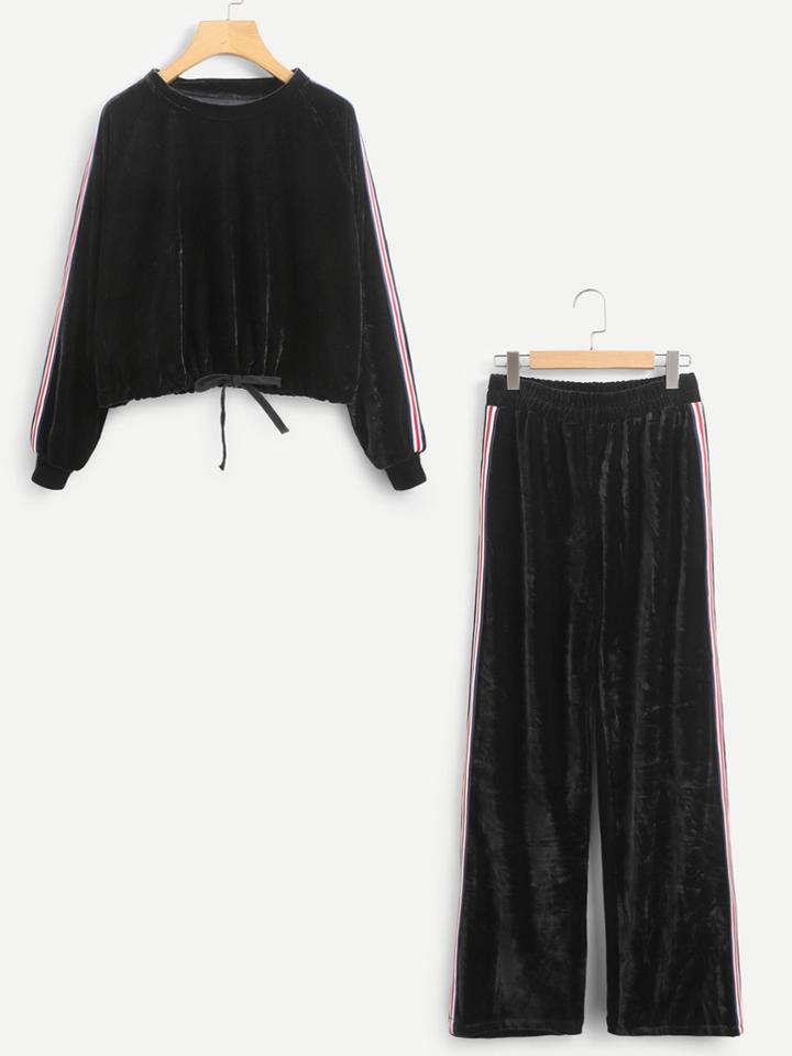 Shein Stripe Tape Side Drawstring Hem Velvet Pullover With Pants