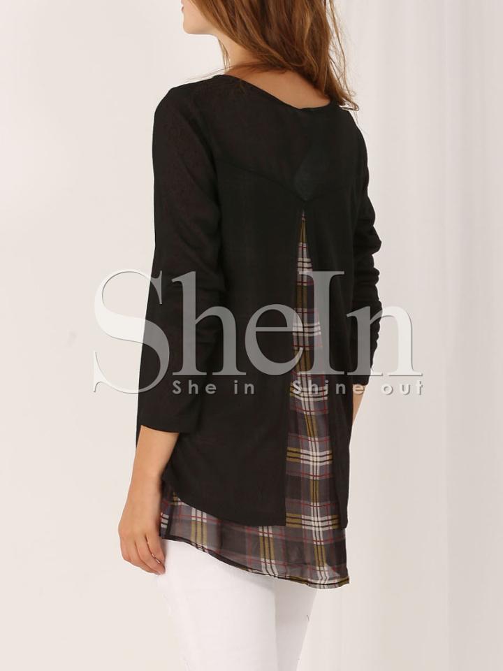 Shein Black Long Sleeve Unique Contrast Plaid T-shirt