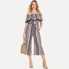 Shein Off-shoulder Graphic Print Wide Leg Jumpsuit