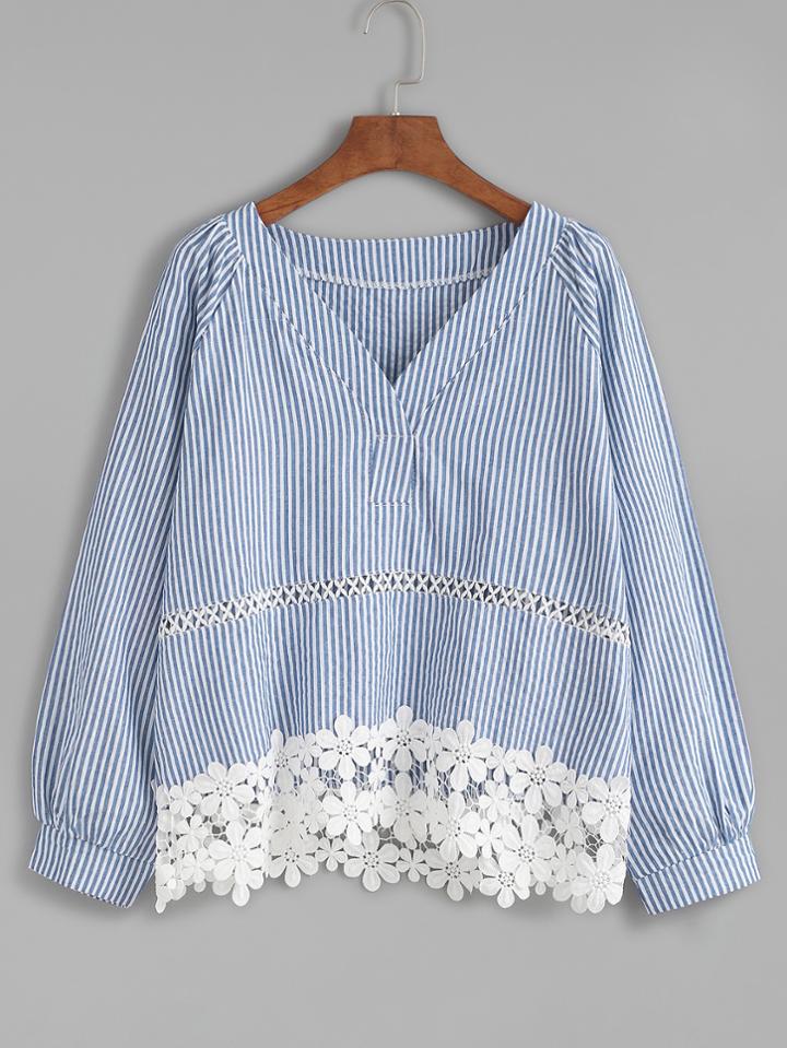 Shein Blue Vertical Striped Contrast Applique Trim Top