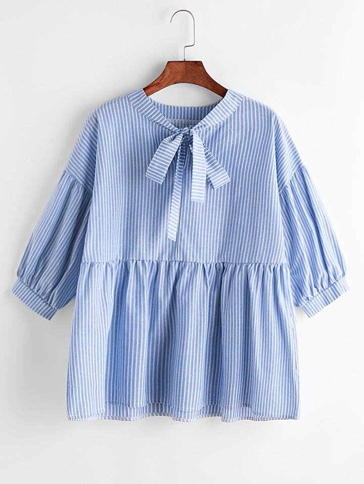 Shein Blue Vertical Striped Bow Tie Neck Peplum Blouse