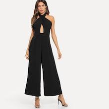 Shein Open Back Crisscross Halted Solid Jumpsuit