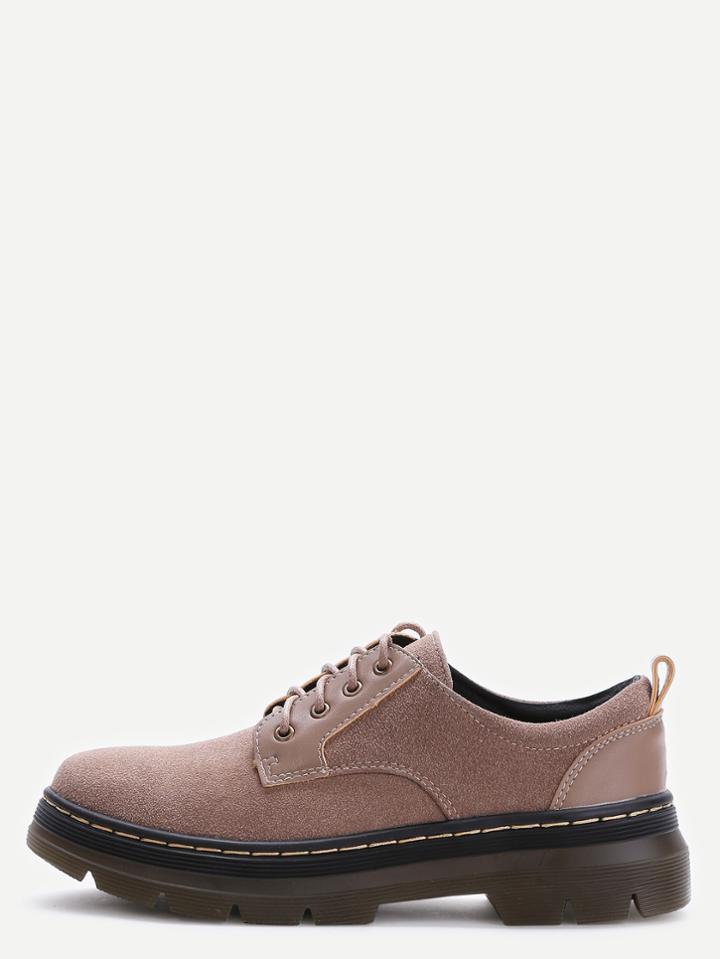 Shein Khaki Suede Round Toe Lace Up Low Top Shoes