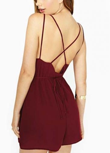 Rosewe Women Wine Red Spaghetti Strap Design Summer Rompers
