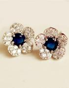 Shein Blue Gemstone Silver Diamond Flower Earrings
