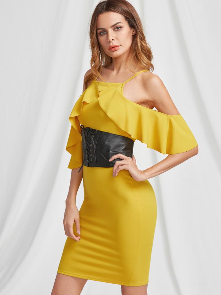 Shein Crossover Frill Cold Shoulder Vented Back Dress