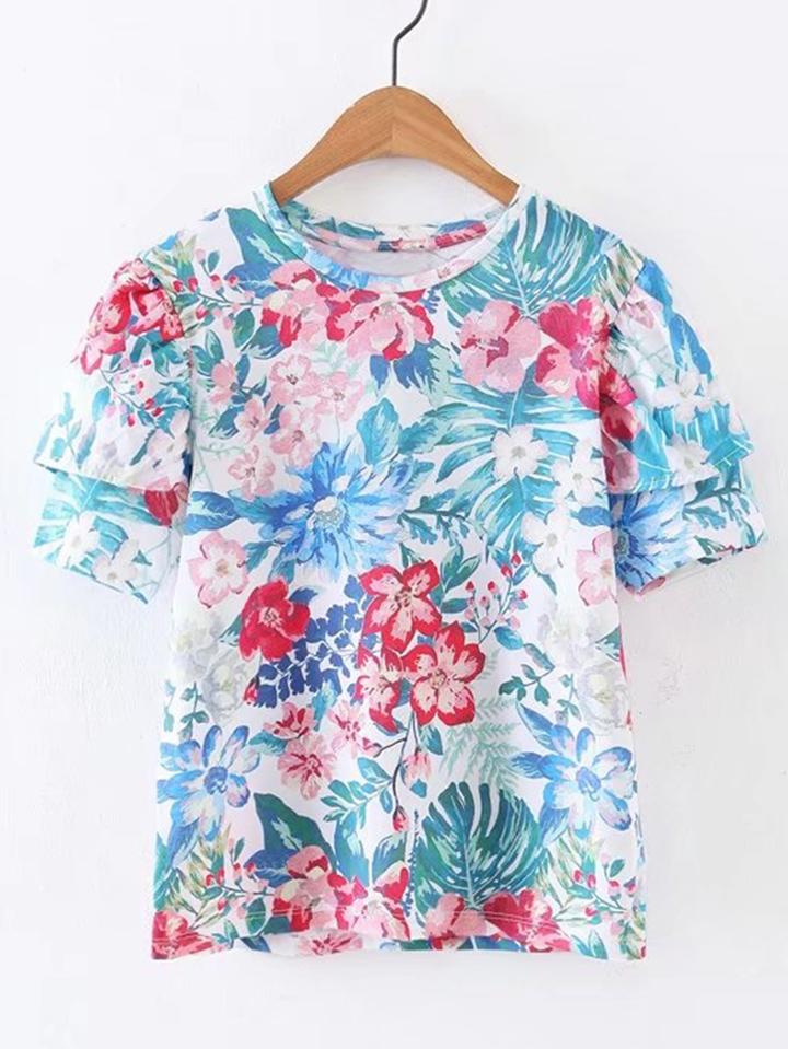 Shein Layered Sleeve Floral Print Tee