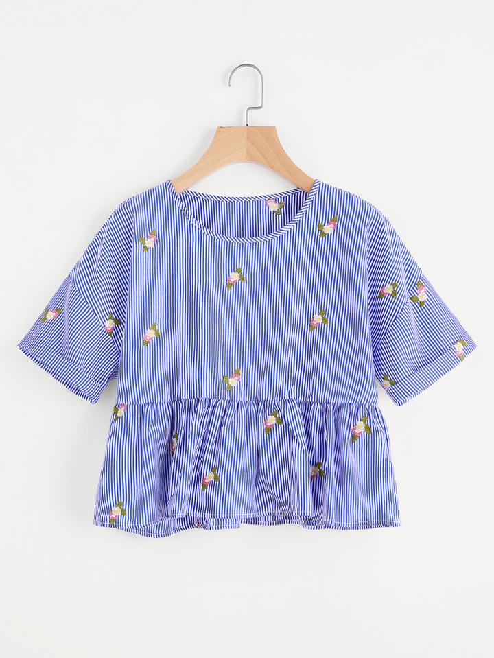 Shein Vertical Striped Embroidery Cuffed Peplum Blouse