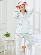 Shein Bow Print Wrap Pajama Set With Eye Mask