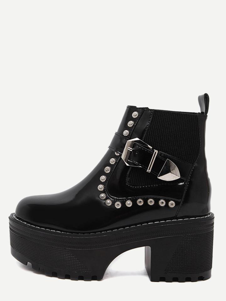 Shein Black Patent Leather Buckle Strap Platform Booties