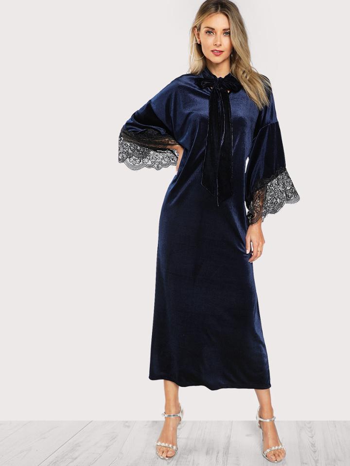 Shein Tie Neck Lace Trim Bell Sleeve Hijab Long Dress