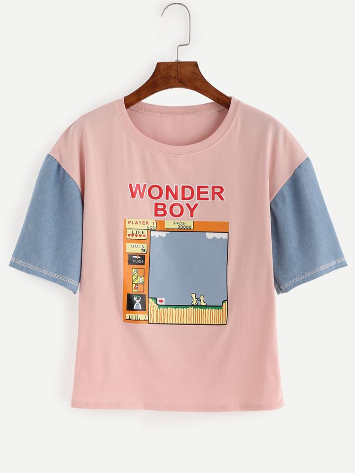Shein Pink Graphic Print Contrast Sleeve T-shirt