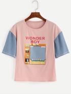 Shein Pink Graphic Print Contrast Sleeve T-shirt