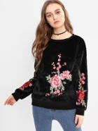 Shein Embroidered Flower Applique Fuzzy Sweatshirt