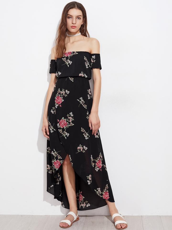 Shein Random Florals Bardot Tulip Hem Chiffon Dress