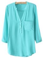 Shein Grass Green V Neck Buttons Front Dip Hem Blouse