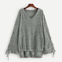 Shein Grommet Lace Up Sleeve Stepped Hem Sweater