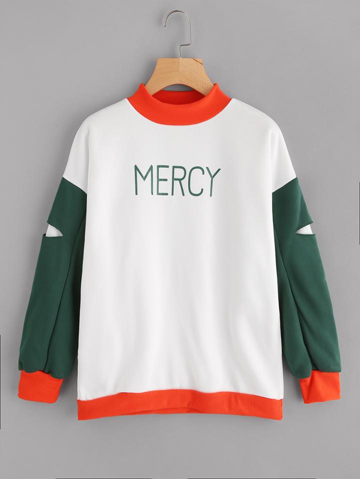 Shein Letter Print Color Block Cutout Sleeve Sweatshirt