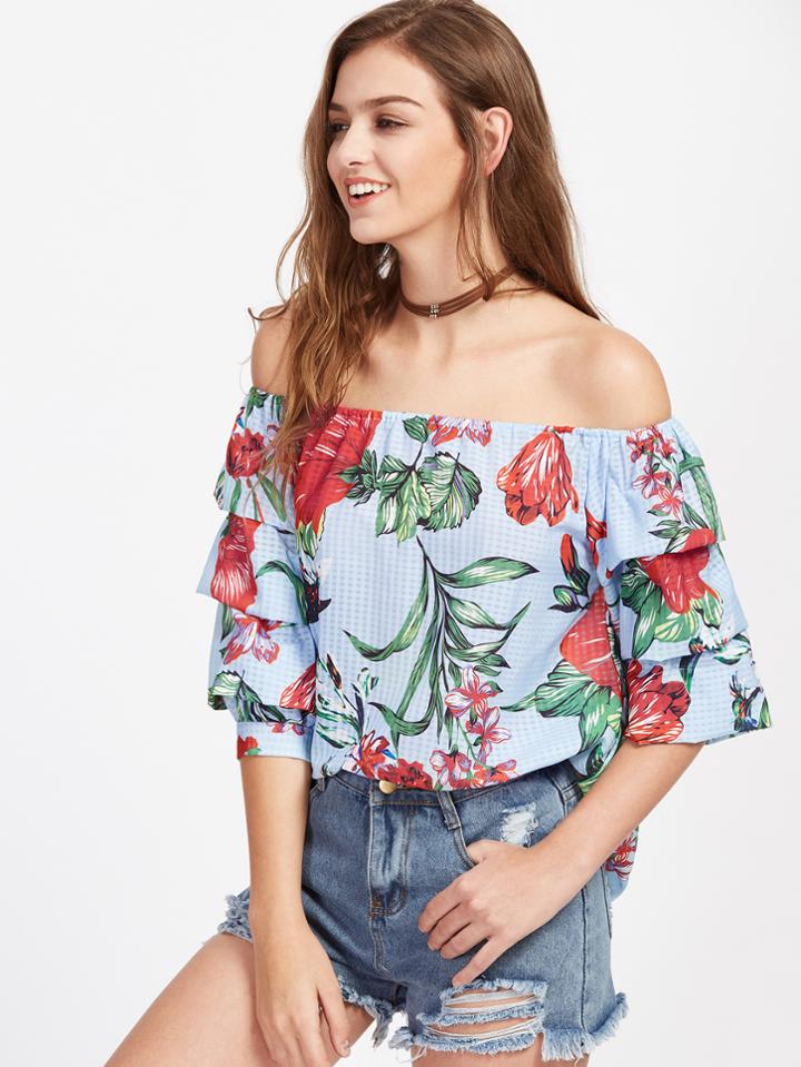 Shein Bardot Floral Print Tiered Cuff Top