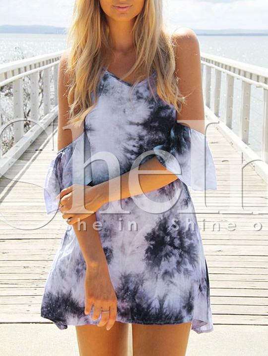 Shein Blue Print In Grey Cold Shoulder Dual Strap Dress