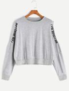 Shein Grey Letter Print Open Shoulder Crop Sweatshirt