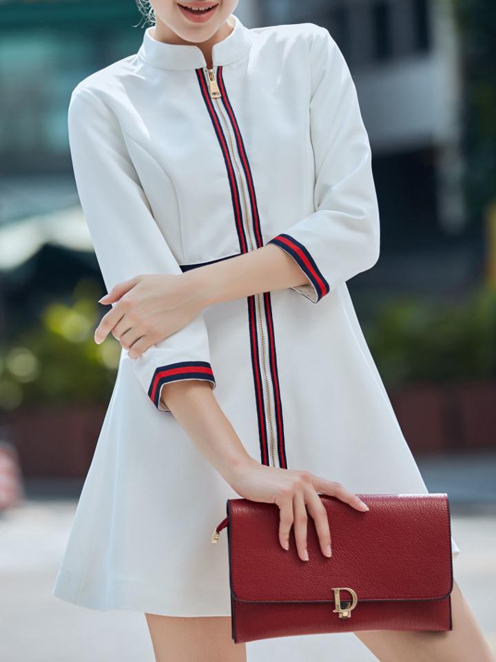 Shein White Collar Zipper Contrast Red A-line Dress