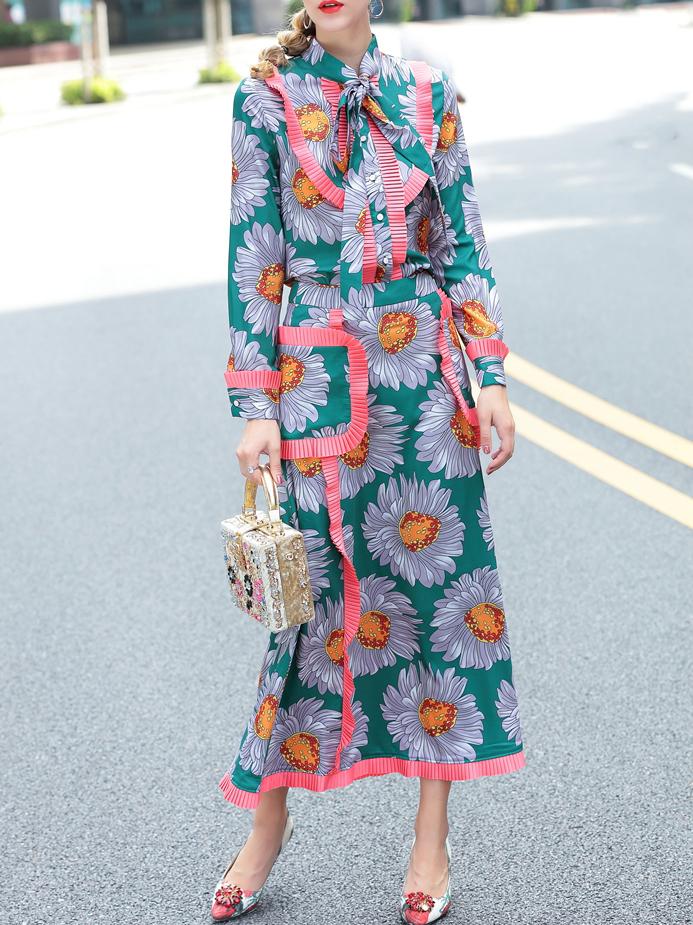 Shein Color Block Tie Neck Flowers Print Top With Skirt