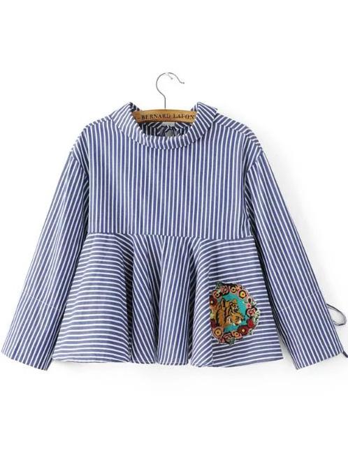 Shein Blue Vertical Striped Tiger Embroidery Blouse With Tie