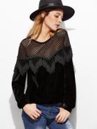 Shein Black Hollow Out Shoulder Marcrame Fringe Trim Velvet Sweatshirt