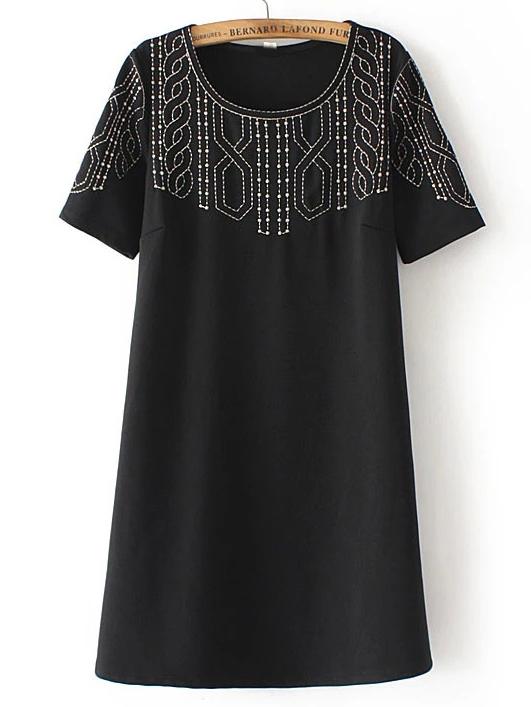 Shein Black Crew Neck Embroidered A Line Dress