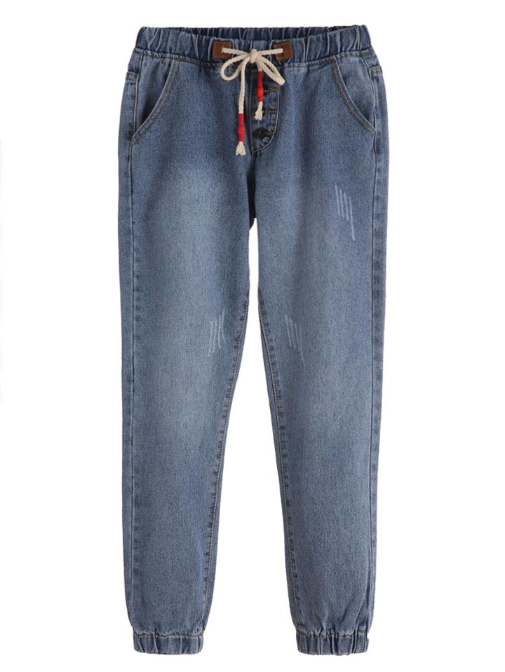 Shein Blue Drawstring Waist Button Trim Jeans