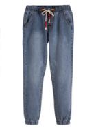 Shein Blue Drawstring Waist Button Trim Jeans