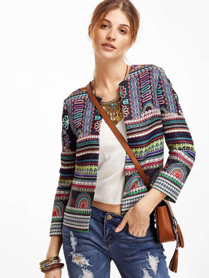 Shein Multicolor Tribal Print Collarless Blazer
