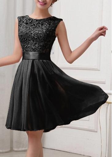Rosewe Lace And Chiffon Patchwork Black Skater Dress