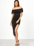 Shein Black Lace Overlay Ruffle Off The Shoulder Asymmetric Dress