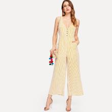 Shein Button Front Striped Wide Leg Jumpsuit