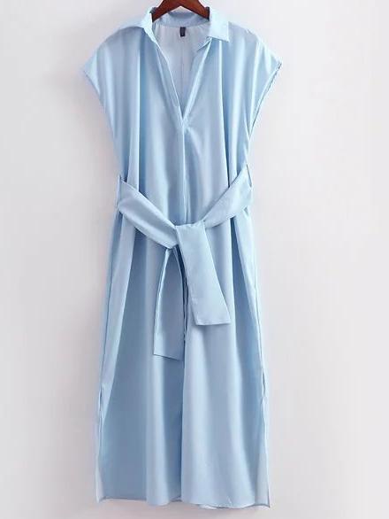 Shein Blue Side Slit Midi Shirt Dress With Tie