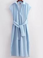 Shein Blue Side Slit Midi Shirt Dress With Tie