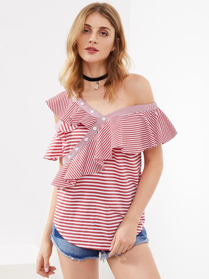 Shein Asymmetric Shoulder Flounce Trim Mixed Stripe Blouse
