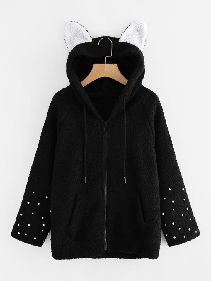 Shein Cat Ear Hooded Pearl Detail Fluffy Coat