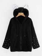 Shein Cat Ear Hooded Pearl Detail Fluffy Coat