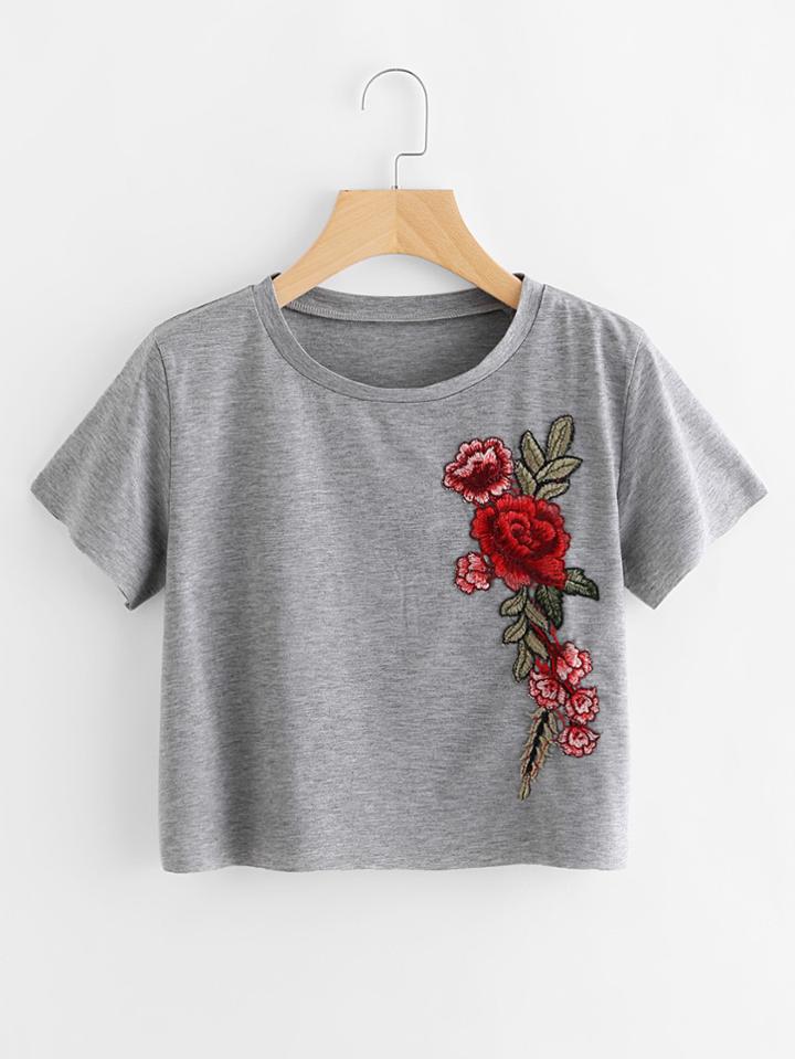 Shein Embroidered Applique Raw Trim Crop Marled T-shirt