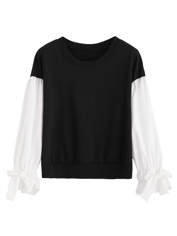 Shein Black Contrast Sleeve Ruffle Cuff Bows Sweatshirt