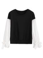 Shein Black Contrast Sleeve Ruffle Cuff Bows Sweatshirt